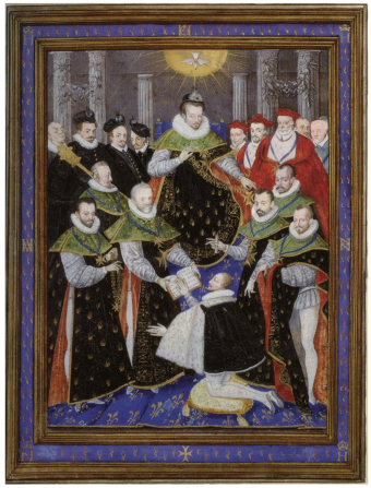 Guillaume Richardière (d'après Antoine Caron), "Henri III présidant la première cérémonie de l'ordre du Saint Esprit", 1587. 261 cm x 194 cm, enluminure, Musée Condé (Chantilly)